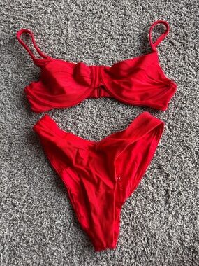 Red Ribbed Underwire Bikini Set - Women Swim Bikini
